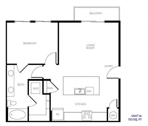 Floor plan for 1 bed, 1 bath, 753 sqft